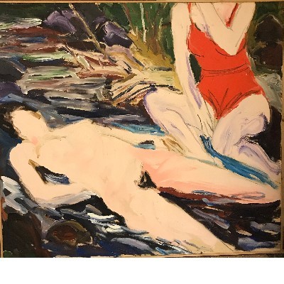 Two figures and Hyalite Creek