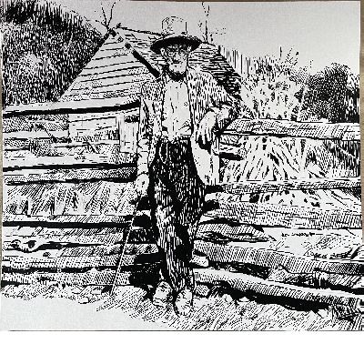 Pen and Ink, Old Man, Fence & Barn